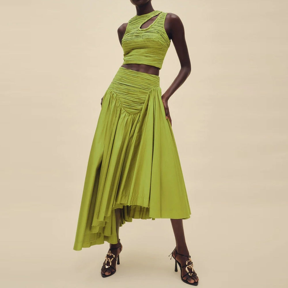 Two Piece Round Neck Sleeveless Hollow Out Crop Top Irregular Hem Pleated Skirt Set