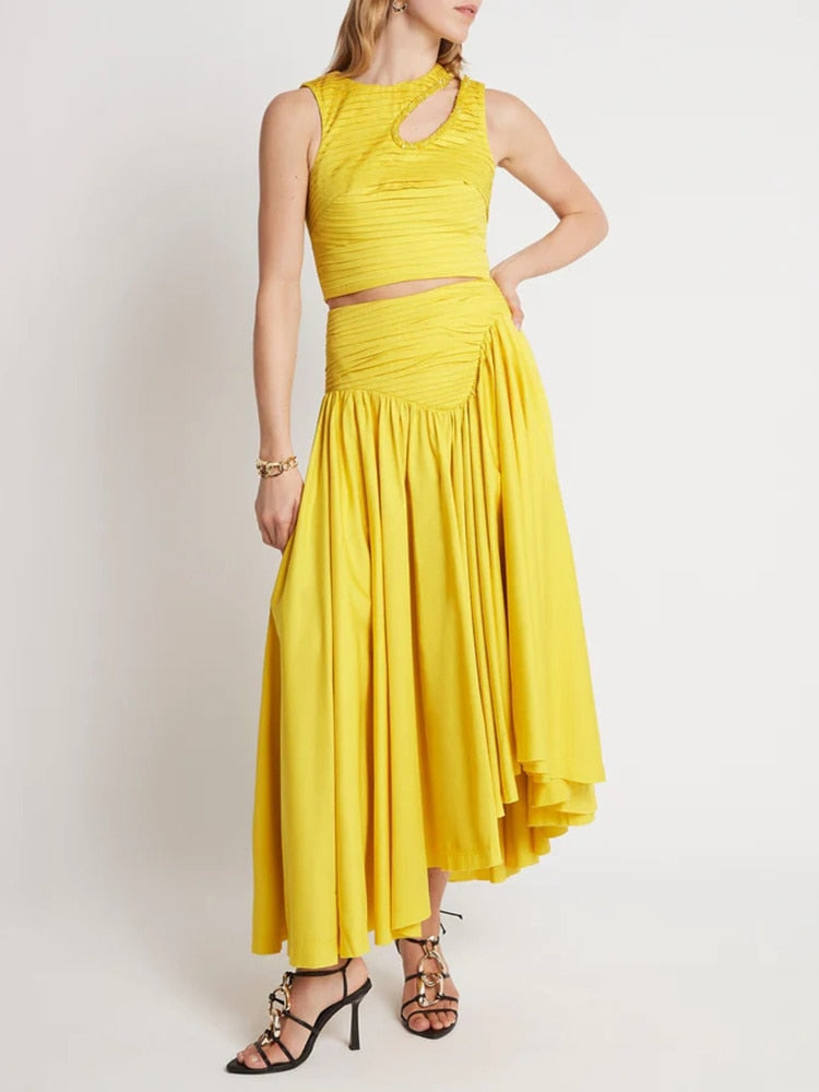Two Piece Round Neck Sleeveless Hollow Out Crop Top Irregular Hem Pleated Skirt Set