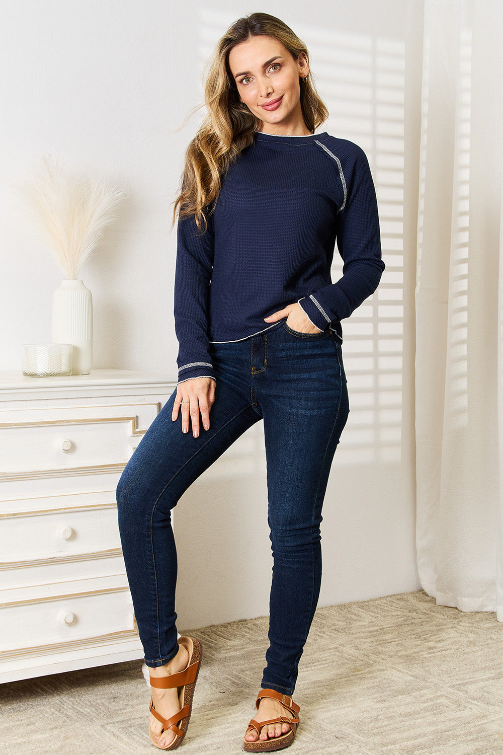 Double Take Long Raglan Sleeve Round Neck Top