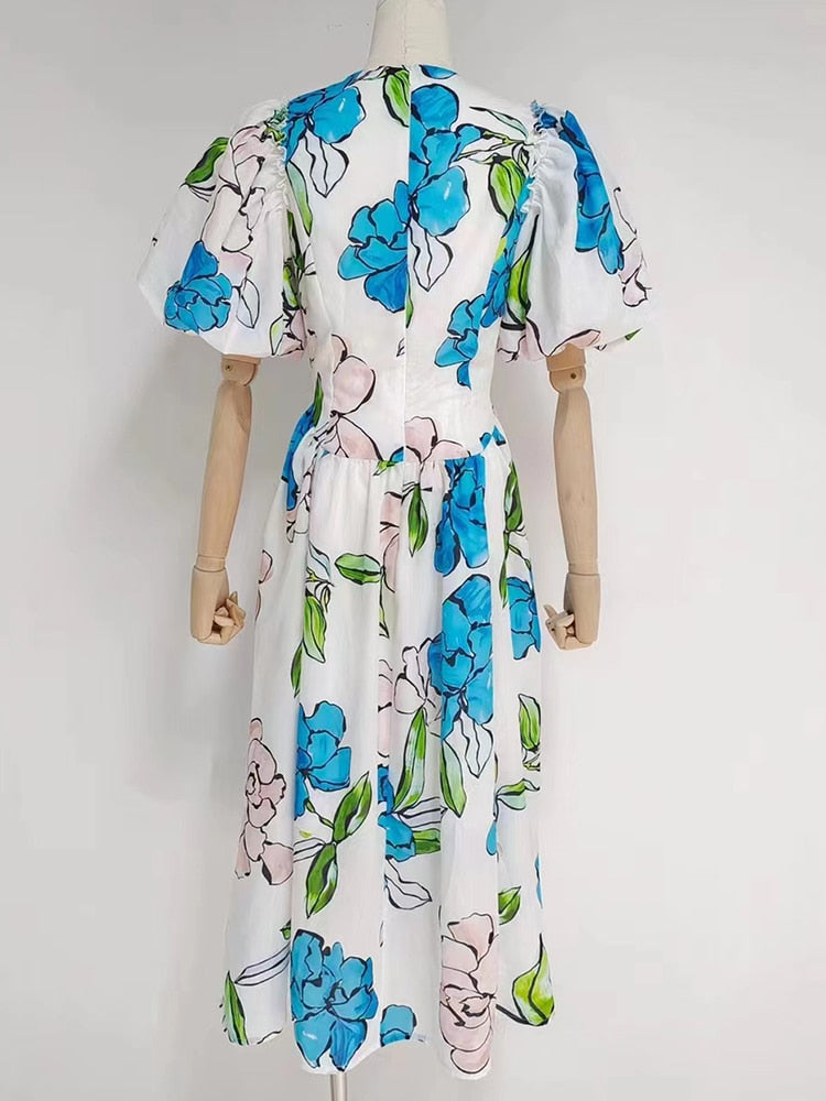 Vintage Print Floral Dress V Neck Puff Short Sleeve High Waist Colorblock Midi Dress