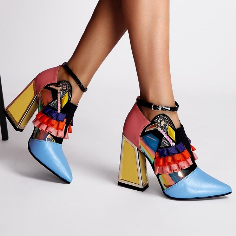 Ruffles Bird Decor Rhinestone Chunky Heels