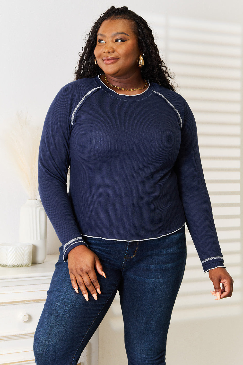 Double Take Long Raglan Sleeve Round Neck Top