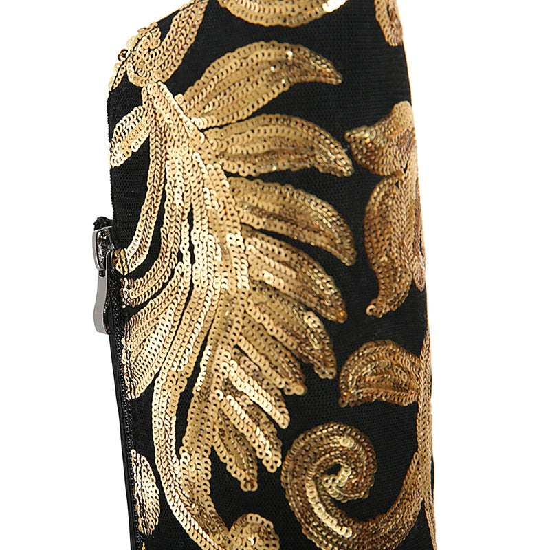 Gold Embroidery Knee High Leather Boots