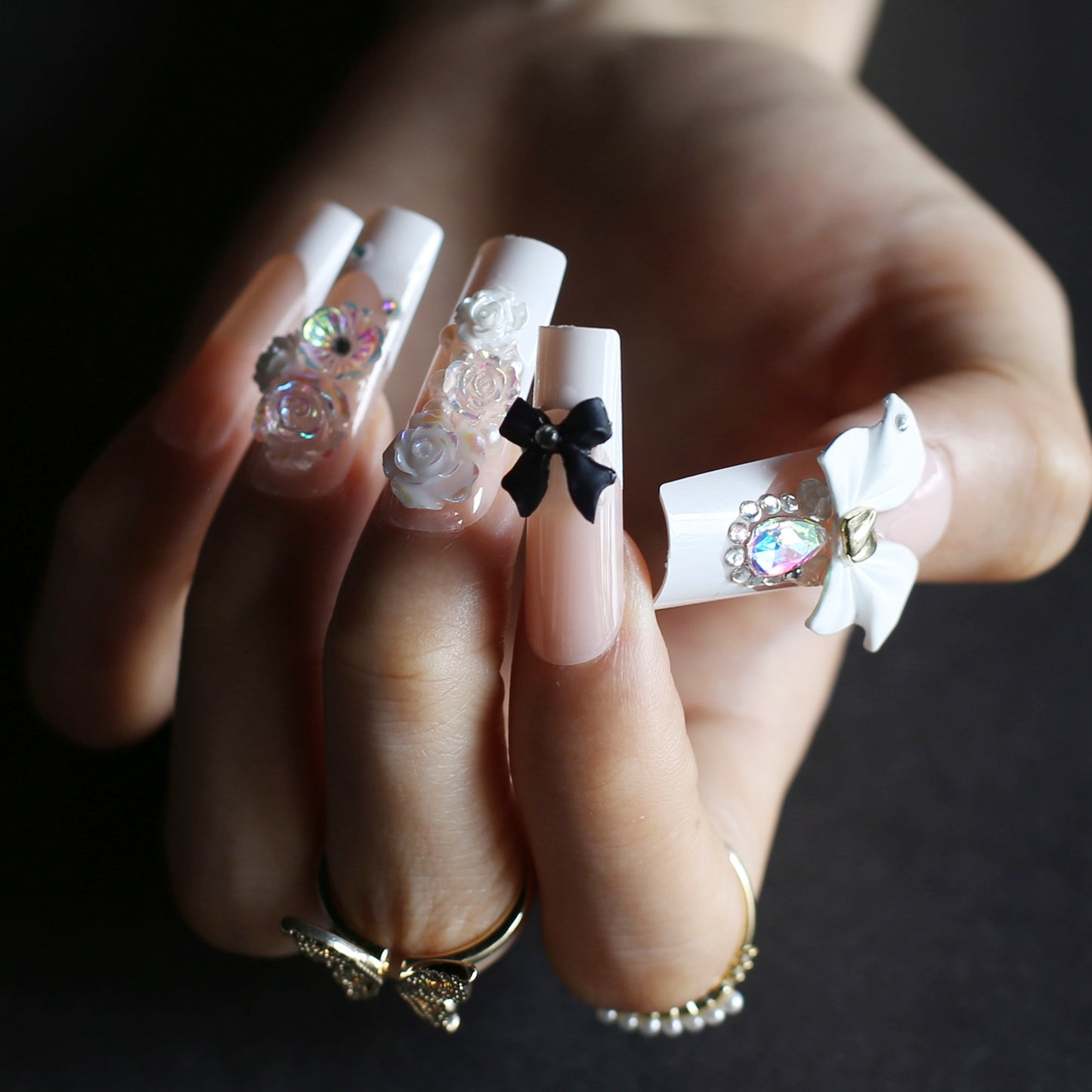 Luxury Extra Long Rectangular French Art Petal Nails Handmade