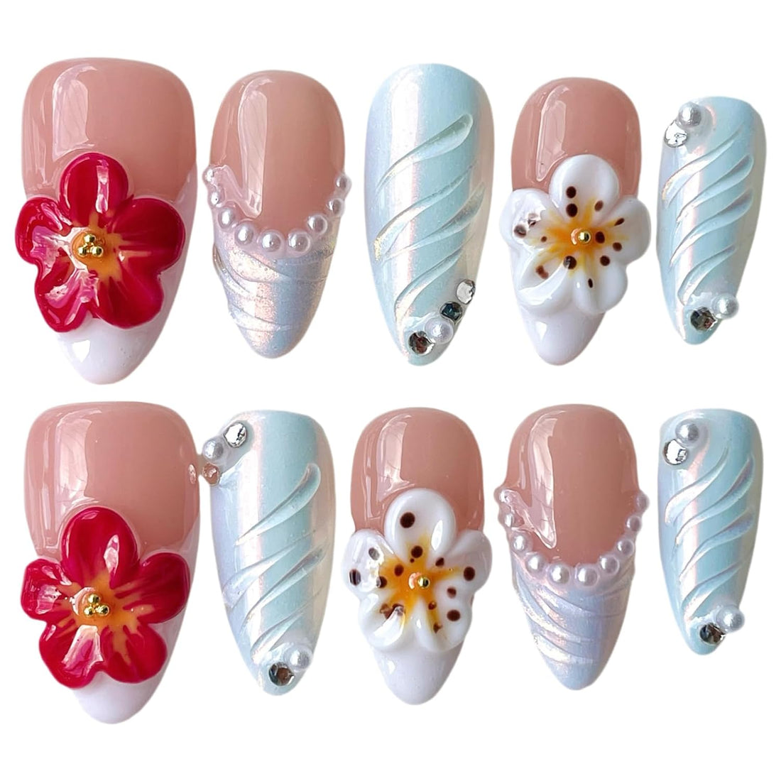 Opal Flame 3D Floral Press‑On Nails