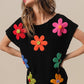 BiBi Flower Round Neck Cap Sleeve Knit Top