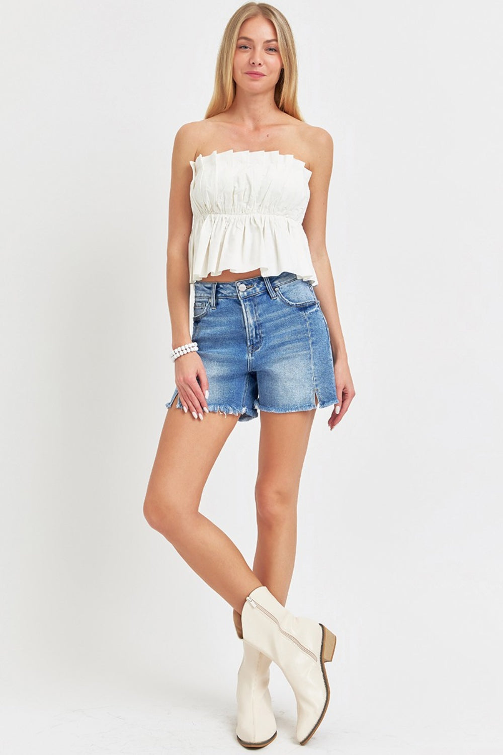 RISEN Front Slit Raw Hem Denim Shorts