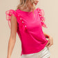 BiBi Pearl Decor Mesh Ruffle Sleeve Top