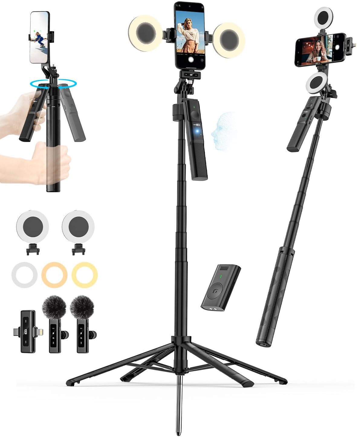 USKEYVISION Vlogging Kit for iPhone&Android, YouTube Starter Kit,Auto Face Tracking Tripod for iPhone w/Light,Phone Tripod for Video Recording,Wireless Lavalier Microphone,Ground Spike,Remote Control