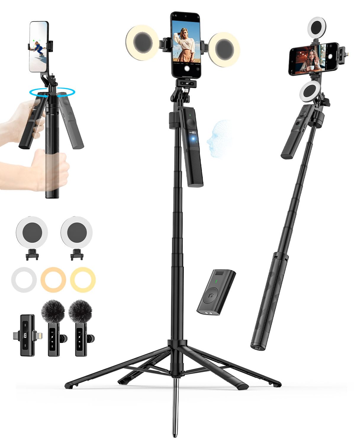 USKEYVISION Vlogging Kit for iPhone&Android, YouTube Starter Kit,Auto Face Tracking Tripod for iPhone w/Light,Phone Tripod for Video Recording,Wireless Lavalier Microphone,Ground Spike,Remote Control