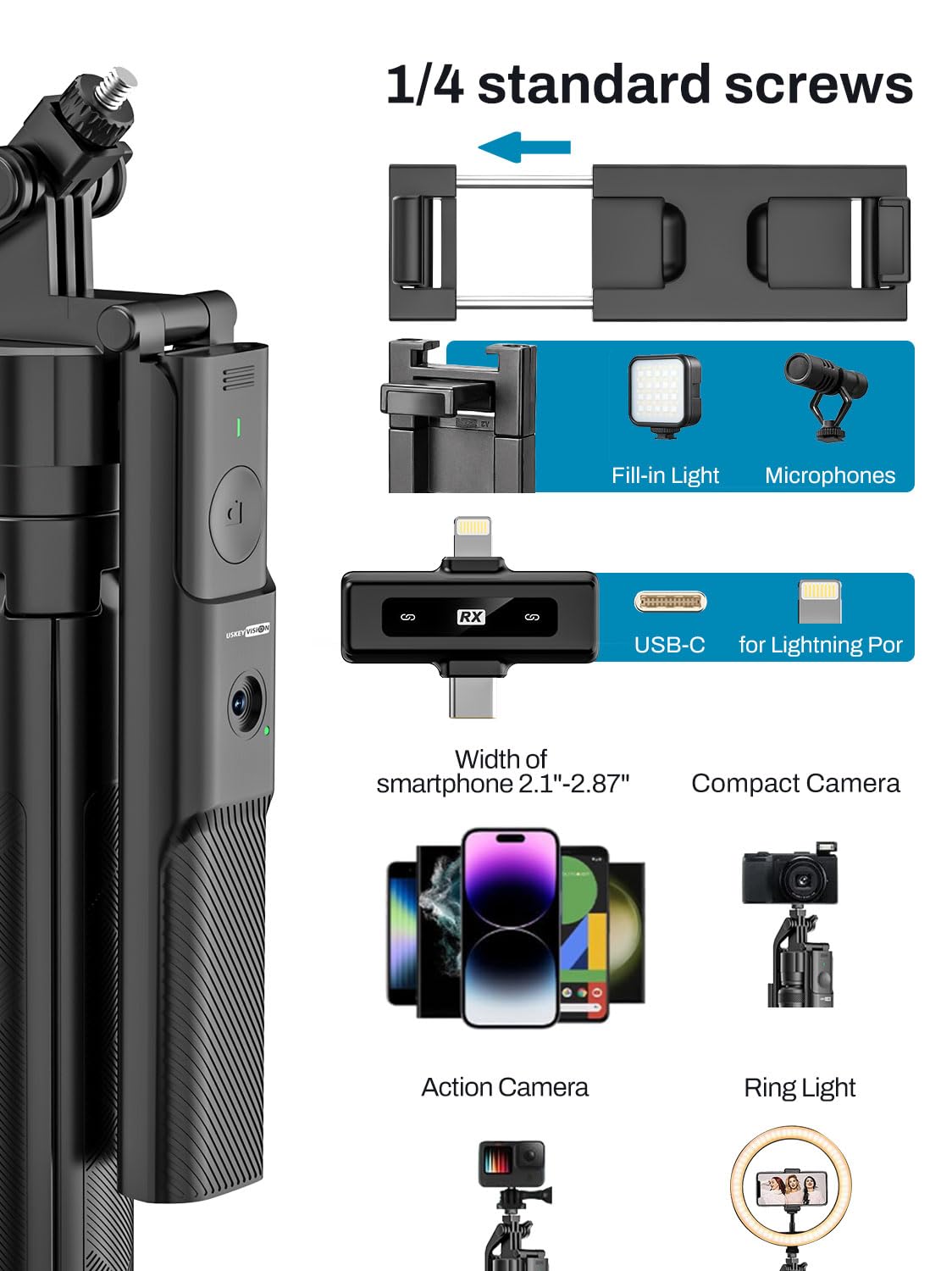 USKEYVISION Vlogging Kit for iPhone&Android, YouTube Starter Kit,Auto Face Tracking Tripod for iPhone w/Light,Phone Tripod for Video Recording,Wireless Lavalier Microphone,Ground Spike,Remote Control