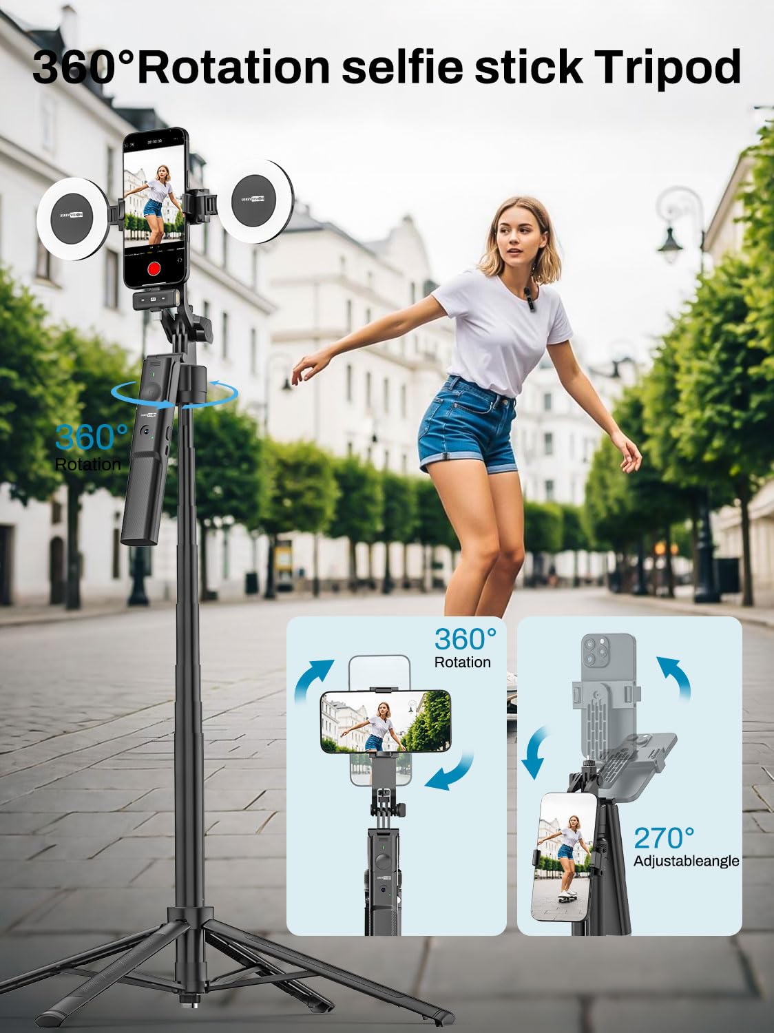 USKEYVISION Vlogging Kit for iPhone&Android, YouTube Starter Kit,Auto Face Tracking Tripod for iPhone w/Light,Phone Tripod for Video Recording,Wireless Lavalier Microphone,Ground Spike,Remote Control