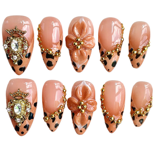 Gold Crown Leopard Almond Press-On Nails