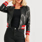 Comme PU Leather Baseball Collar Long Sleeve Jacket