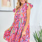 First Love Full Size Printed Ruffle Cap Sleeve Tiered Dress