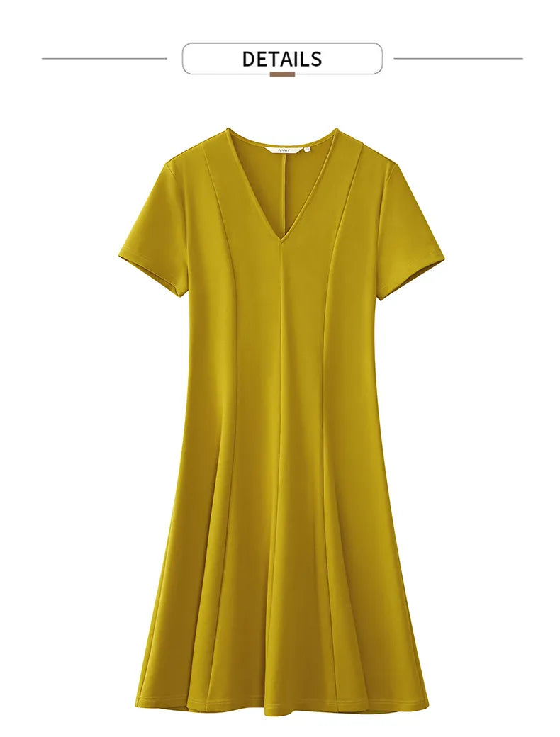 Solid V-neck A-line Slim Midi Dress