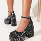 Jacquard Square Toe Platform Printing Ankle Buckle Heels