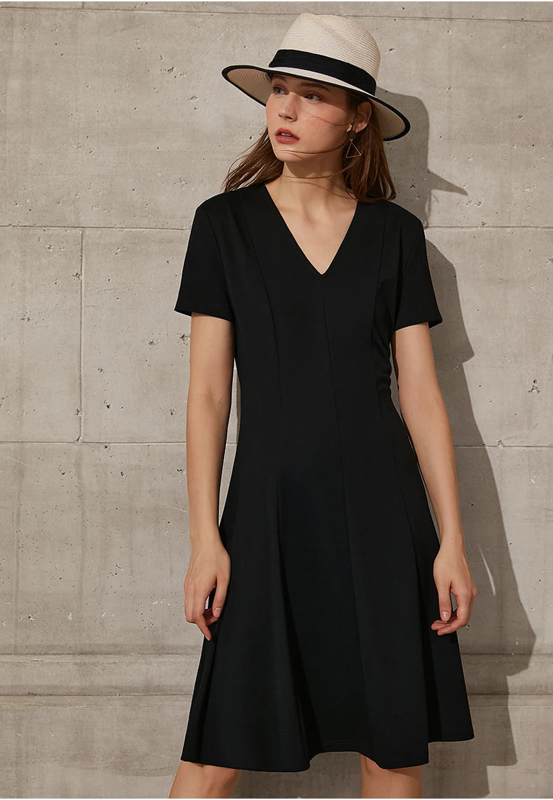 Solid V-neck A-line Slim Midi Dress