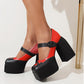 Stitched Love Pattern Platforms With Square Toe Color-Block Heels