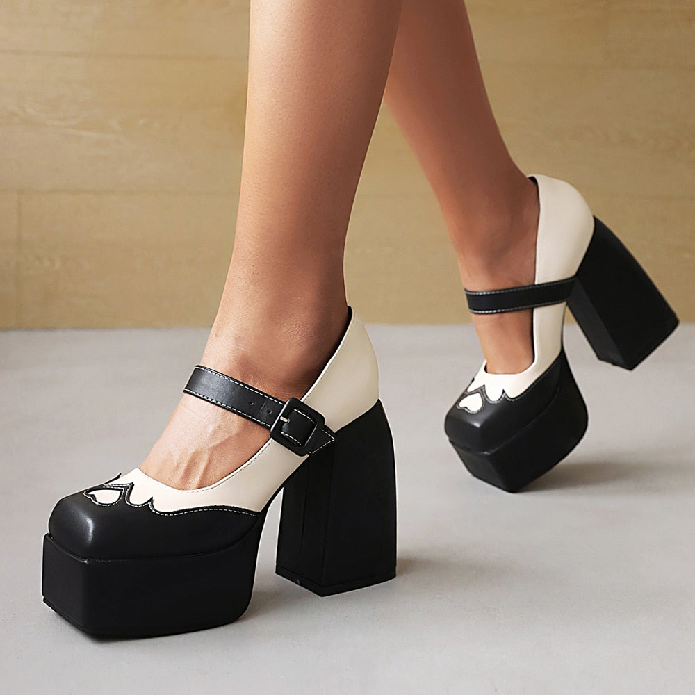 Stitched Love Pattern Platforms With Square Toe Color-Block Heels