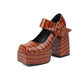 Embossed Checkered Stone Pattern Platform With Square Toe And Metal Buckle Heels