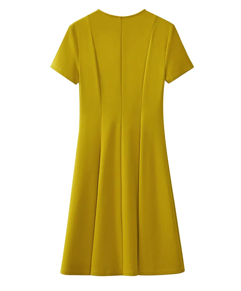 Solid V-neck A-line Slim Midi Dress