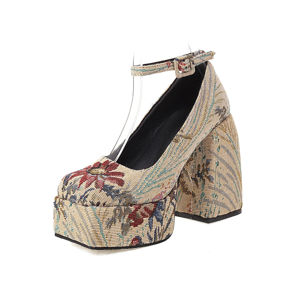 Jacquard Square Toe Platform Printing Ankle Buckle Heels