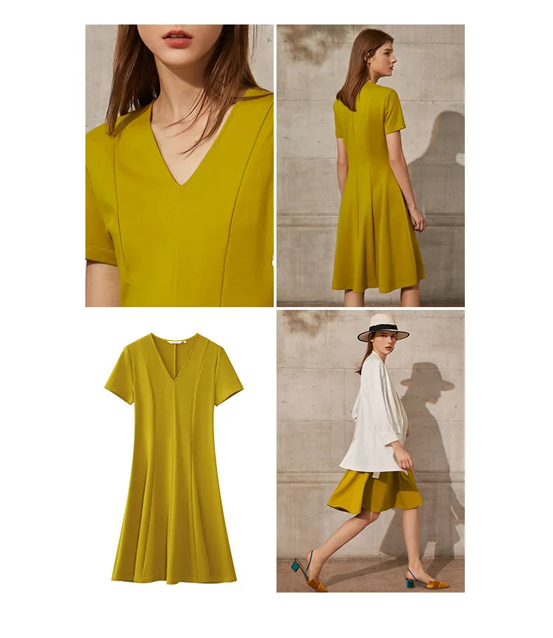 Solid V-neck A-line Slim Midi Dress