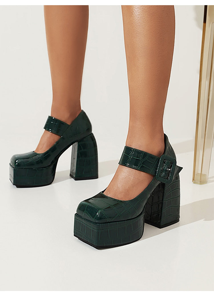 Embossed Checkered Stone Pattern Platform With Square Toe And Metal Buckle Heels