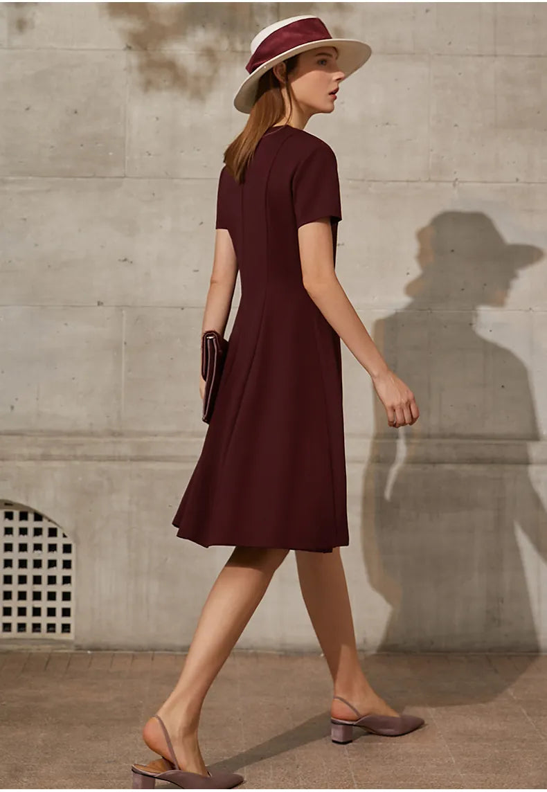 Solid V-neck A-line Slim Midi Dress