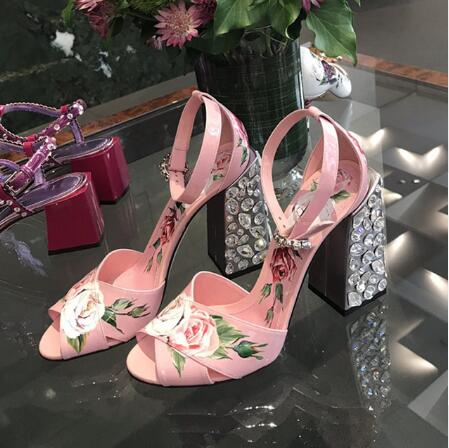 Floral Ankle Strap Diamond Chunky Heels