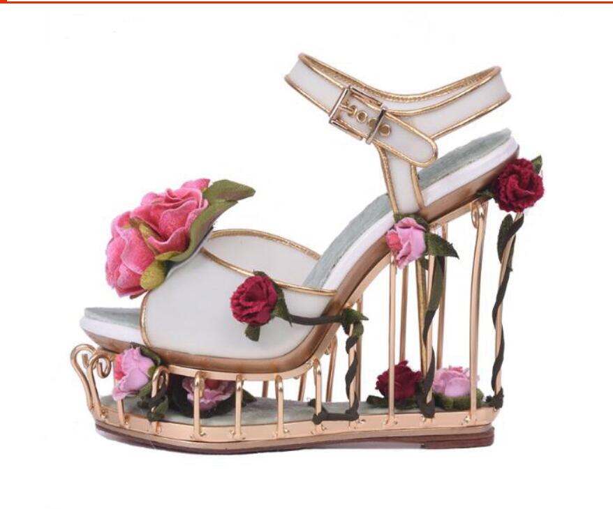 Peep Toe Rose Platform Caged Wedge Heels