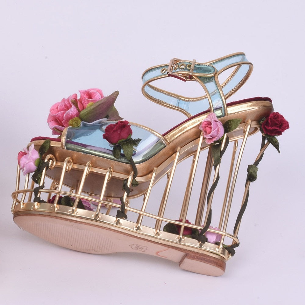 Peep Toe Rose Platform Caged Wedge Heels