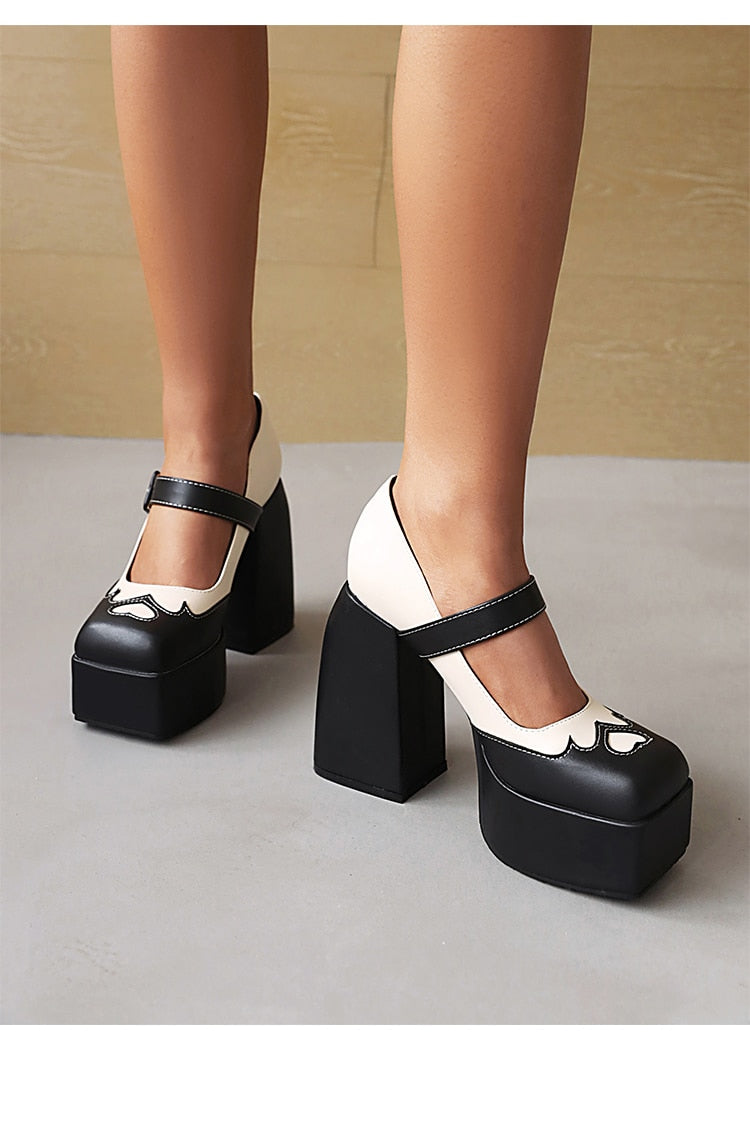 Stitched Love Pattern Platforms With Square Toe Color-Block Heels