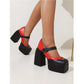 Stitched Love Pattern Platforms With Square Toe Color-Block Heels