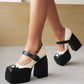 Stitched Love Pattern Platforms With Square Toe Color-Block Heels