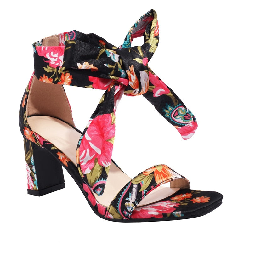 Classic Retro Printed Silk Ankle Bow Knot Heels