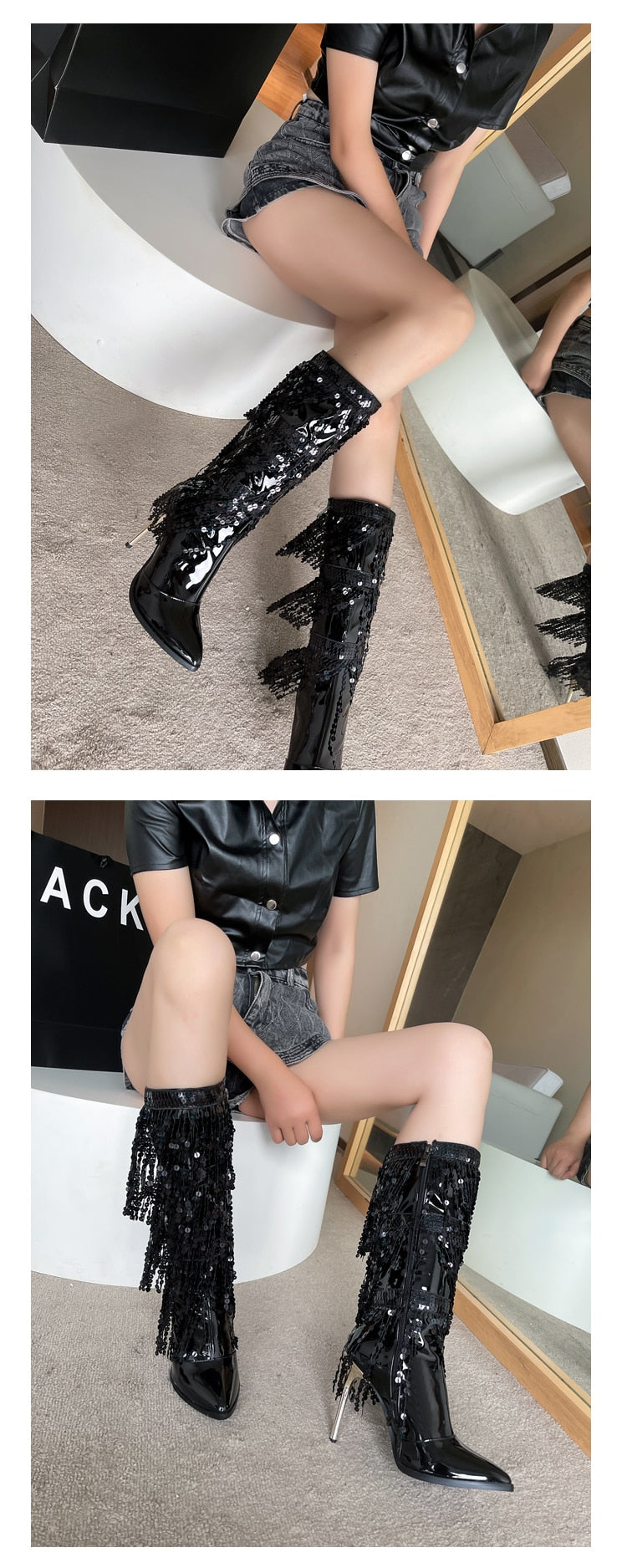 Patent Leather Rhinestone Fringed Catwalk Boots Pointed Toe Stiletto Heel Knee Boots