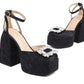 Square Toe Rhinestone Sandals Satin Fabric Ankle Strap Platform Heels