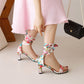 Classic Retro Printed Silk Ankle Bow Knot Heels