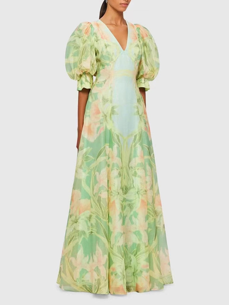 Green Printing V Neck Short Puff Sleeve High Waist Folds Long Dress