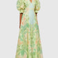 Green Printing V Neck Short Puff Sleeve High Waist Folds Long Dress