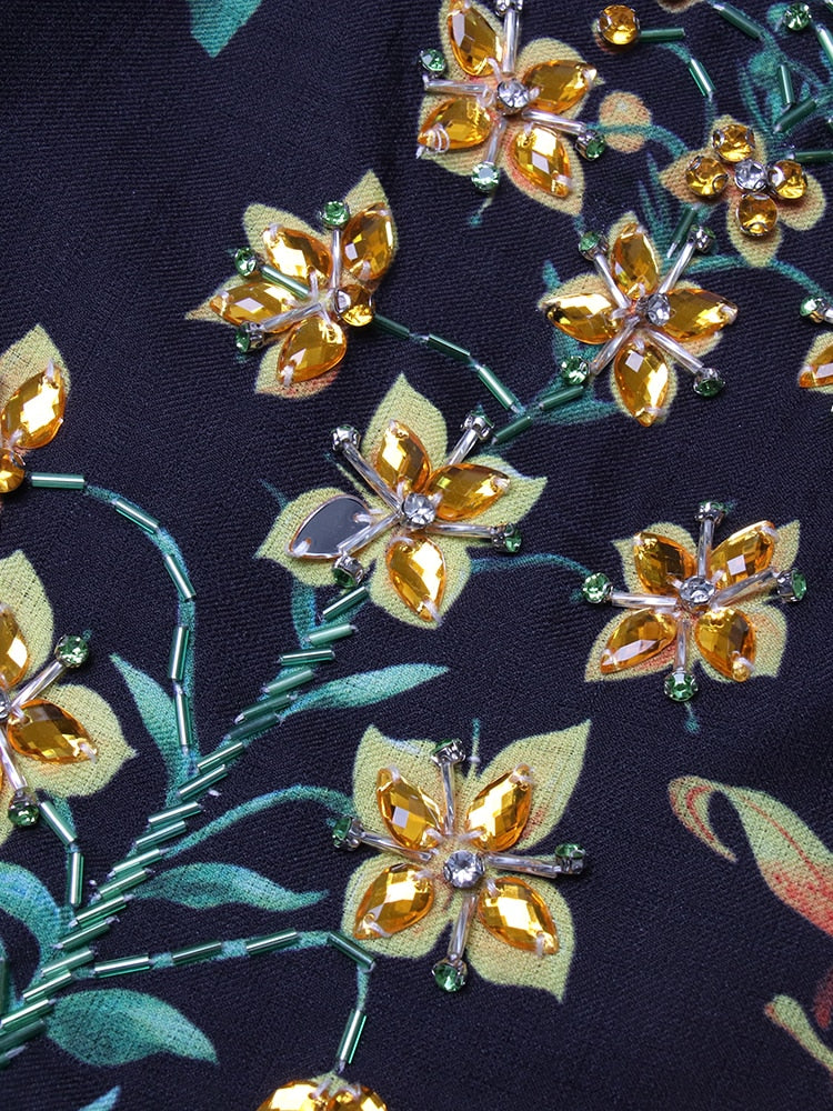 Vintage Print Floral Square Collar Sleeveless High Waist Backless Colorblock Midi Dress