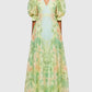 Green Printing V Neck Short Puff Sleeve High Waist Folds Long Dress