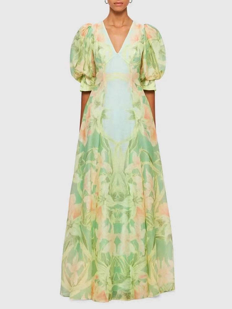 Green Printing V Neck Short Puff Sleeve High Waist Folds Long Dress