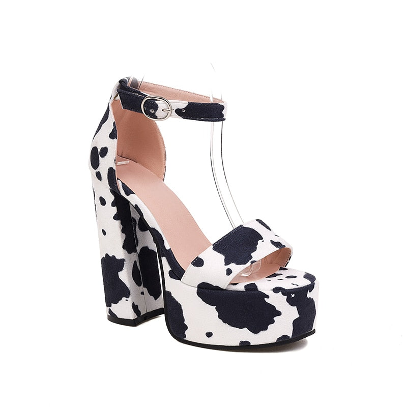 Cow Pattern Peep Toe Sandals Platform Matte Heels