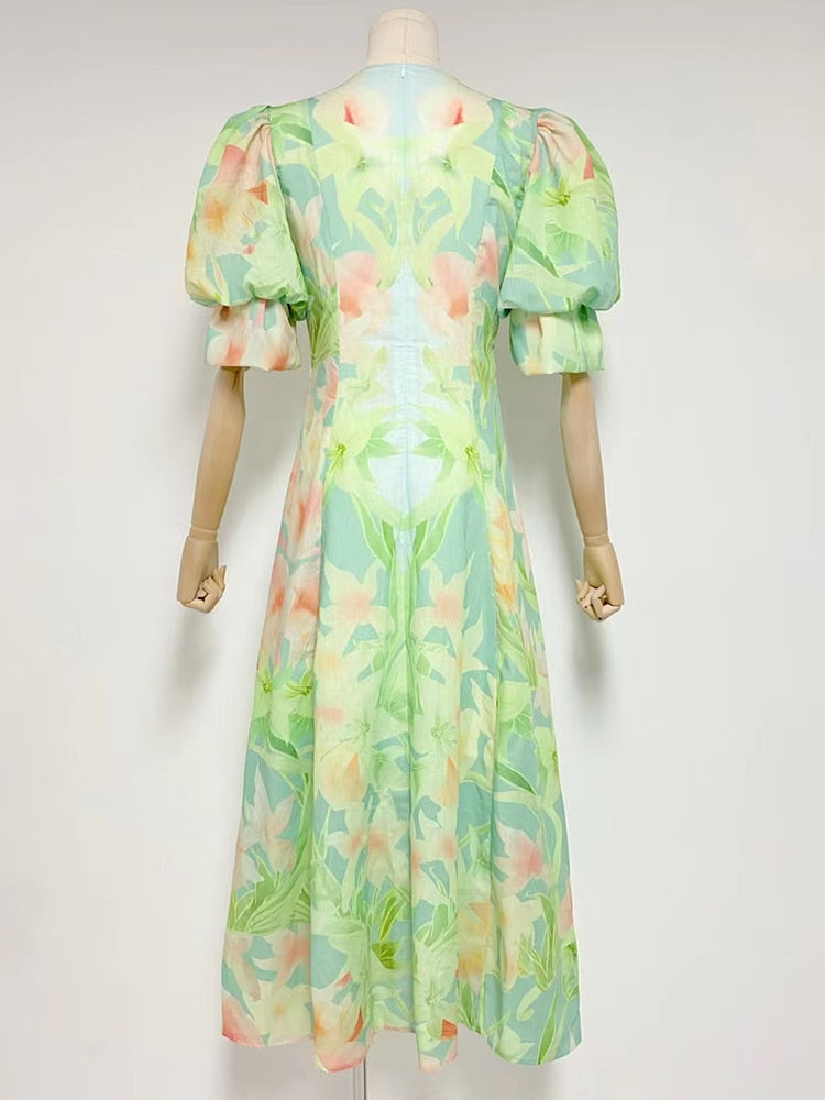 Green Printing V Neck Short Puff Sleeve High Waist Folds Long Dress