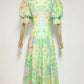 Green Printing V Neck Short Puff Sleeve High Waist Folds Long Dress