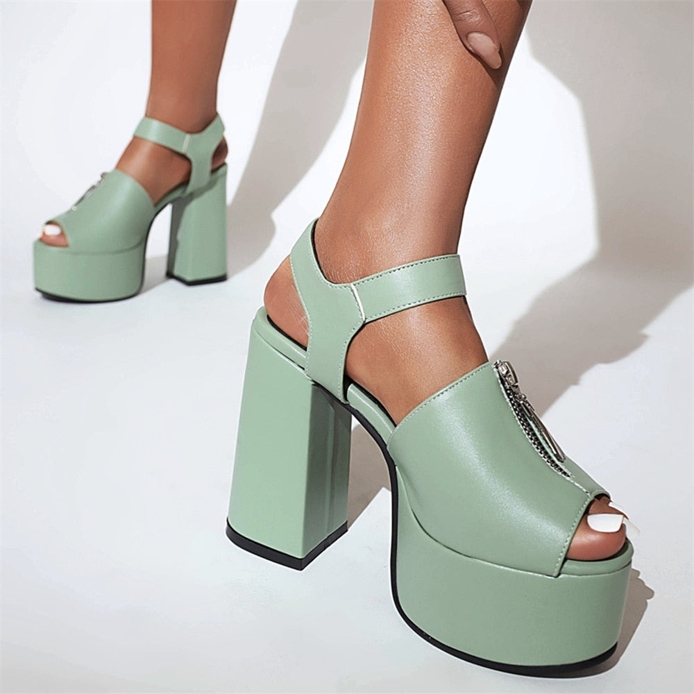 Metal Zipper Embellished Peep Toe Sandals Platform Heels