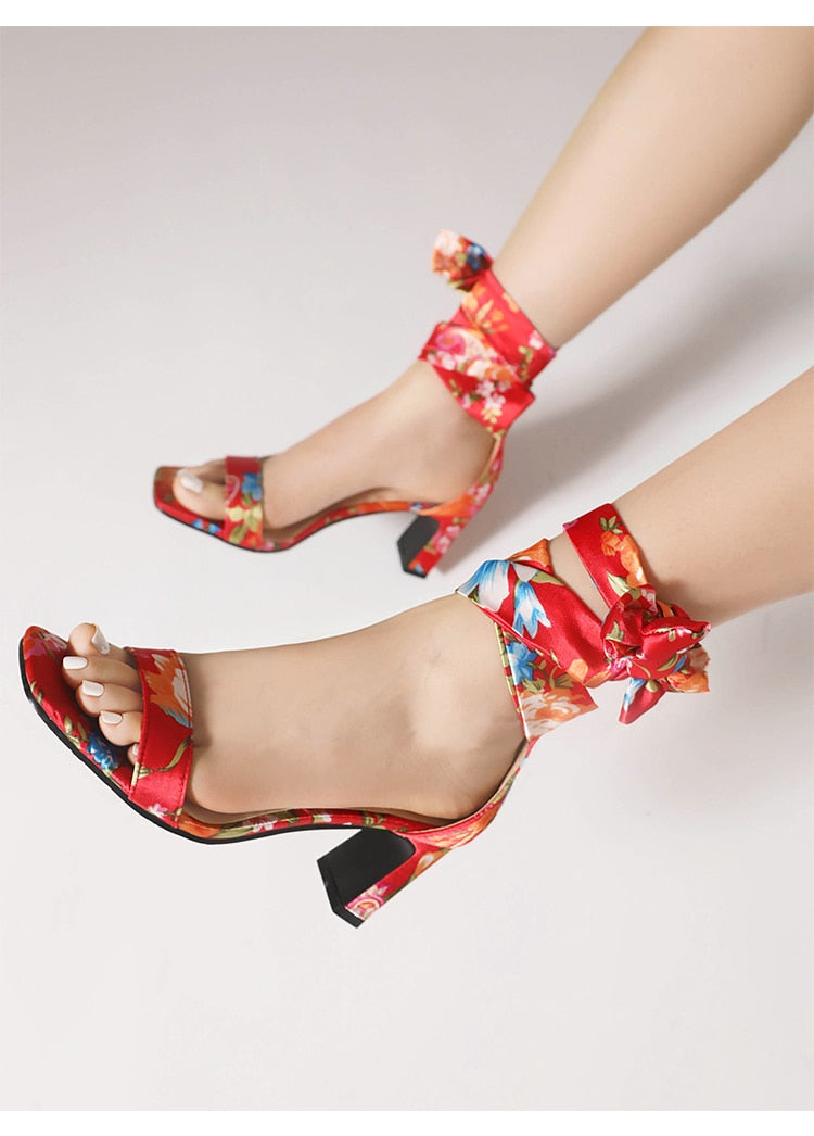 Classic Retro Printed Silk Ankle Bow Knot Heels